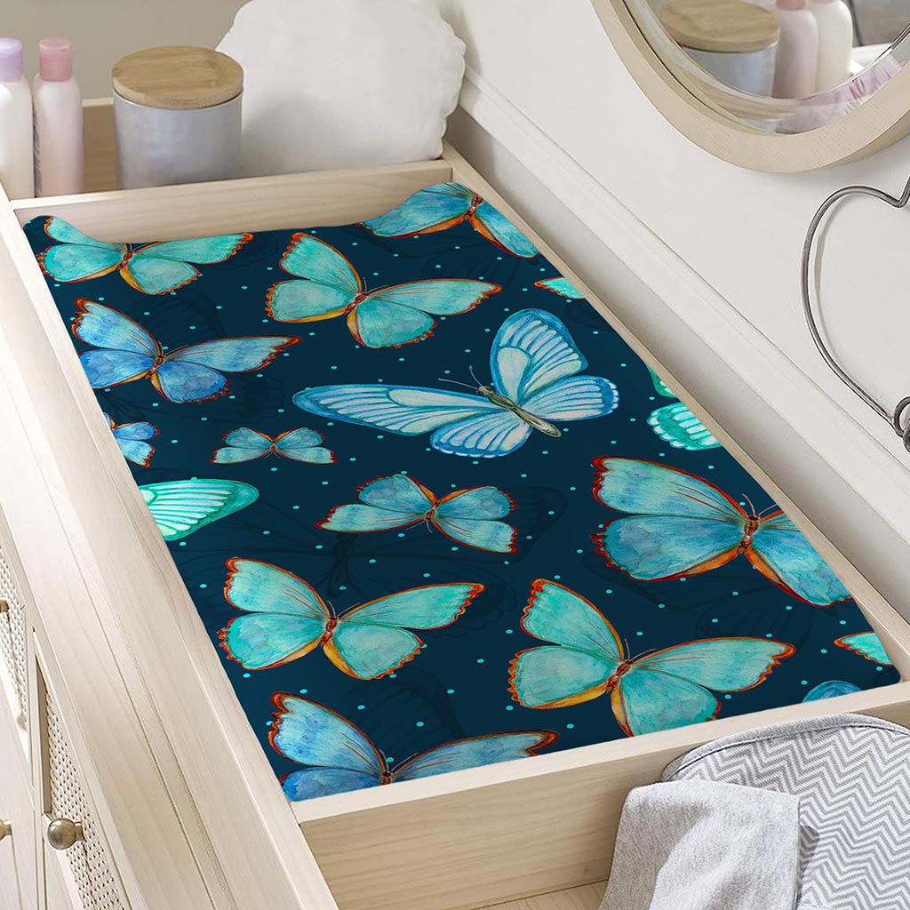 Watercolor Blue Butterfly Pattern Print Changing Pad Cover