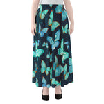 Watercolor Blue Butterfly Pattern Print Chiffon Maxi Skirt