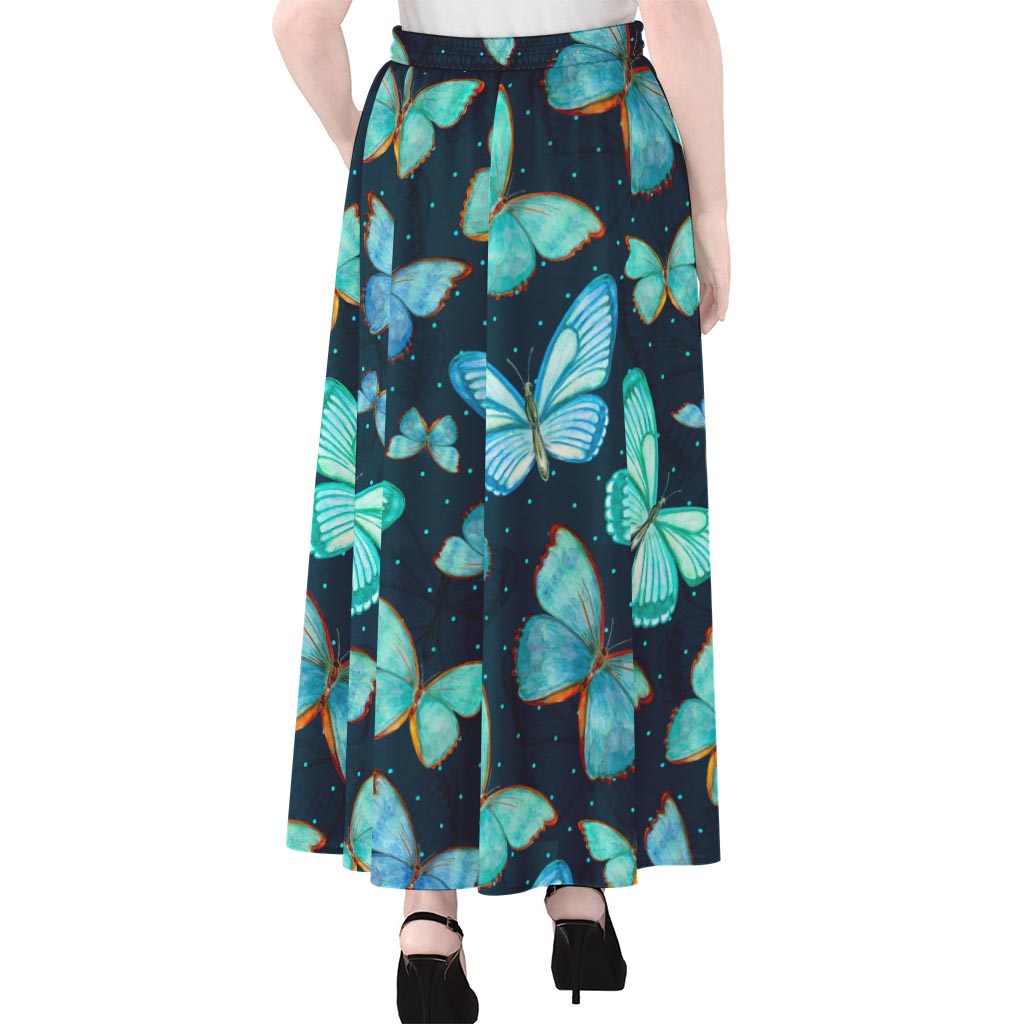 Watercolor Blue Butterfly Pattern Print Chiffon Maxi Skirt