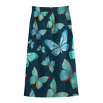 Watercolor Blue Butterfly Pattern Print Cotton Front Slit Maxi Skirt