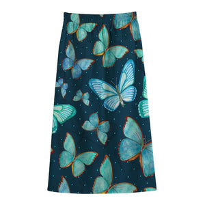 Watercolor Blue Butterfly Pattern Print Cotton Front Slit Maxi Skirt