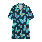 Watercolor Blue Butterfly Pattern Print Cotton Hawaiian Shirt