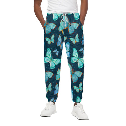 Watercolor Blue Butterfly Pattern Print Cotton Pants