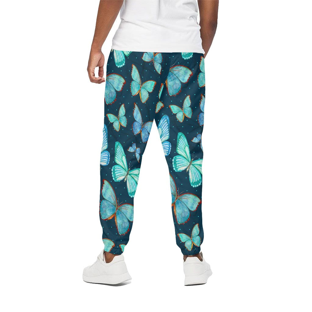 Watercolor Blue Butterfly Pattern Print Cotton Pants
