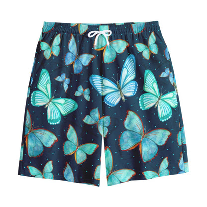 Watercolor Blue Butterfly Pattern Print Cotton Shorts