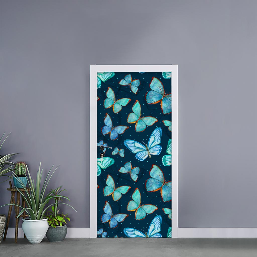 Watercolor Blue Butterfly Pattern Print Door Sticker