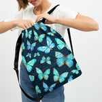 Watercolor Blue Butterfly Pattern Print Drawstring Backpack