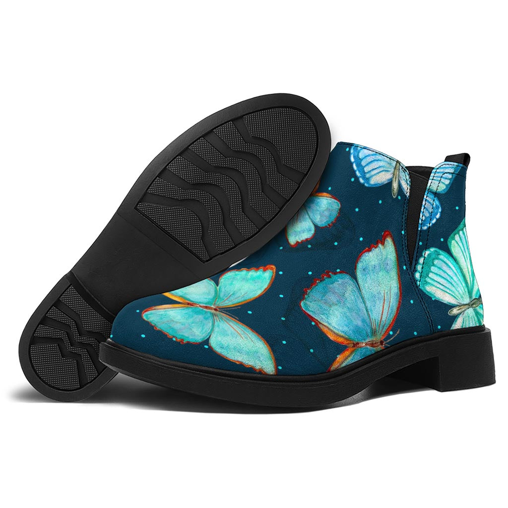 Watercolor Blue Butterfly Pattern Print Flat Ankle Boots