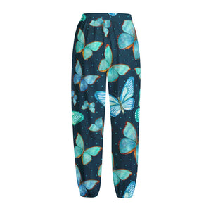 Watercolor Blue Butterfly Pattern Print Fleece Lined Knit Pants