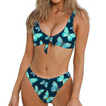 Watercolor Blue Butterfly Pattern Print Front Bow Tie Bikini