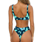 Watercolor Blue Butterfly Pattern Print Front Bow Tie Bikini