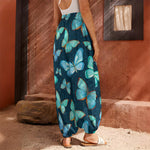 Watercolor Blue Butterfly Pattern Print Harem Pants
