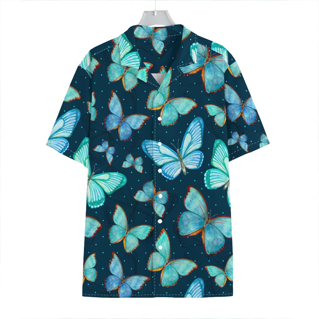 Watercolor Blue Butterfly Pattern Print Hawaiian Shirt