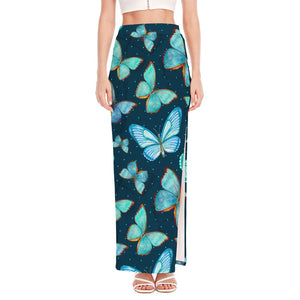 Watercolor Blue Butterfly Pattern Print High Slit Maxi Skirt