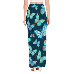 Watercolor Blue Butterfly Pattern Print High Slit Maxi Skirt