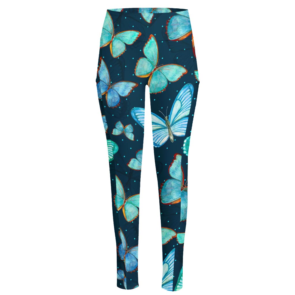 Watercolor Blue Butterfly Pattern Print High-Waisted Pocket Leggings