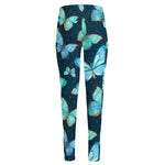 Watercolor Blue Butterfly Pattern Print High-Waisted Pocket Leggings