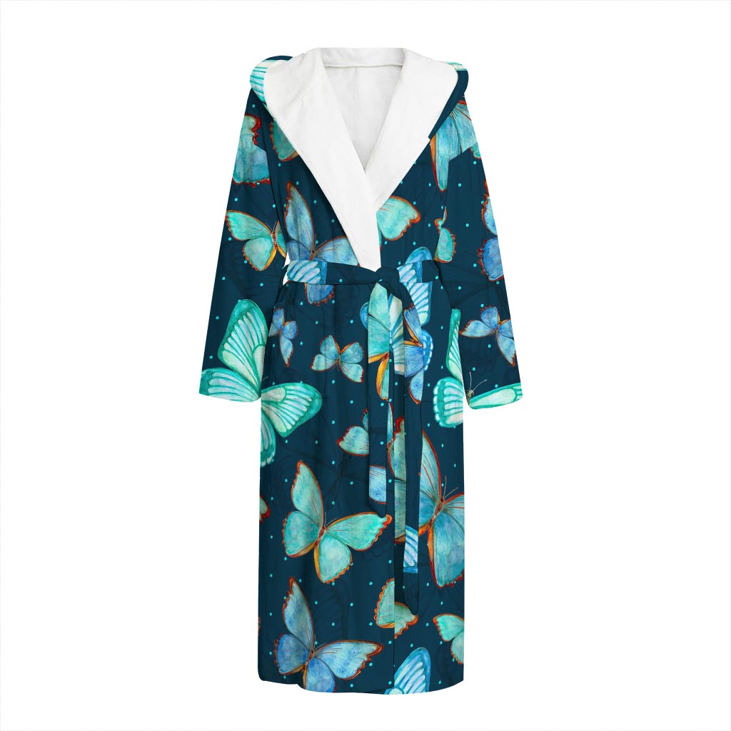 Watercolor Blue Butterfly Pattern Print Hooded Bathrobe