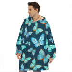 Watercolor Blue Butterfly Pattern Print Hoodie Blanket