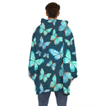 Watercolor Blue Butterfly Pattern Print Hoodie Blanket