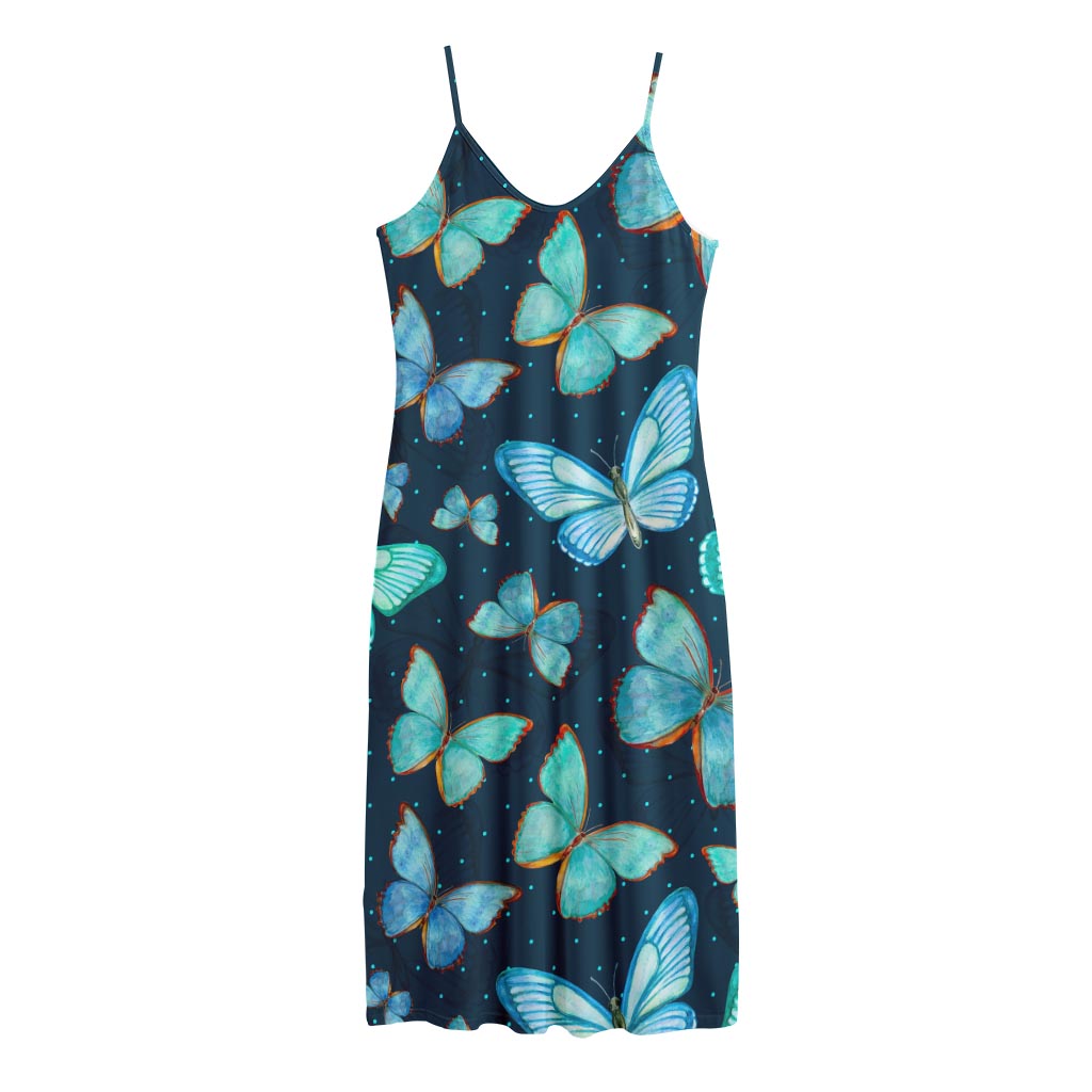 Watercolor Blue Butterfly Pattern Print Jersey Midi Cami Dress