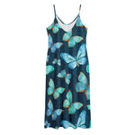 Watercolor Blue Butterfly Pattern Print Jersey Midi Cami Dress