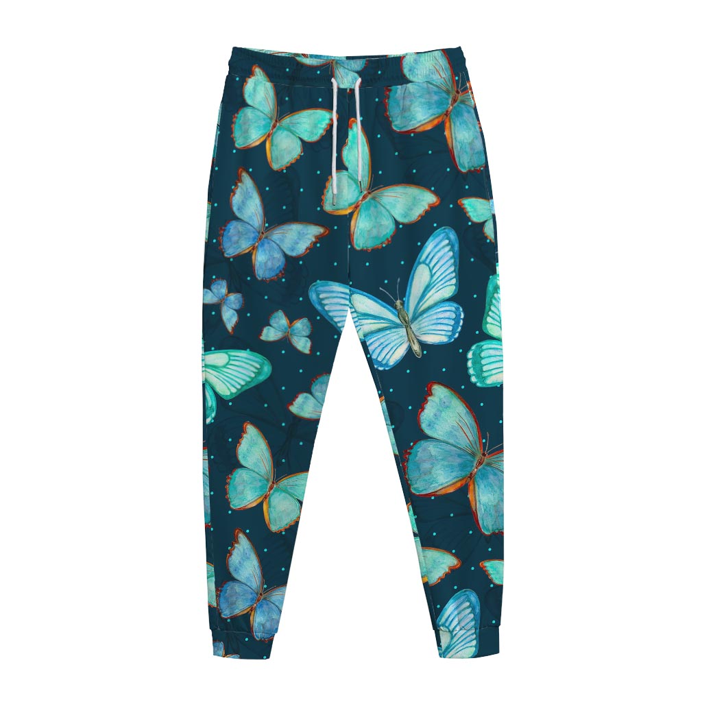 Watercolor Blue Butterfly Pattern Print Jogger Pants