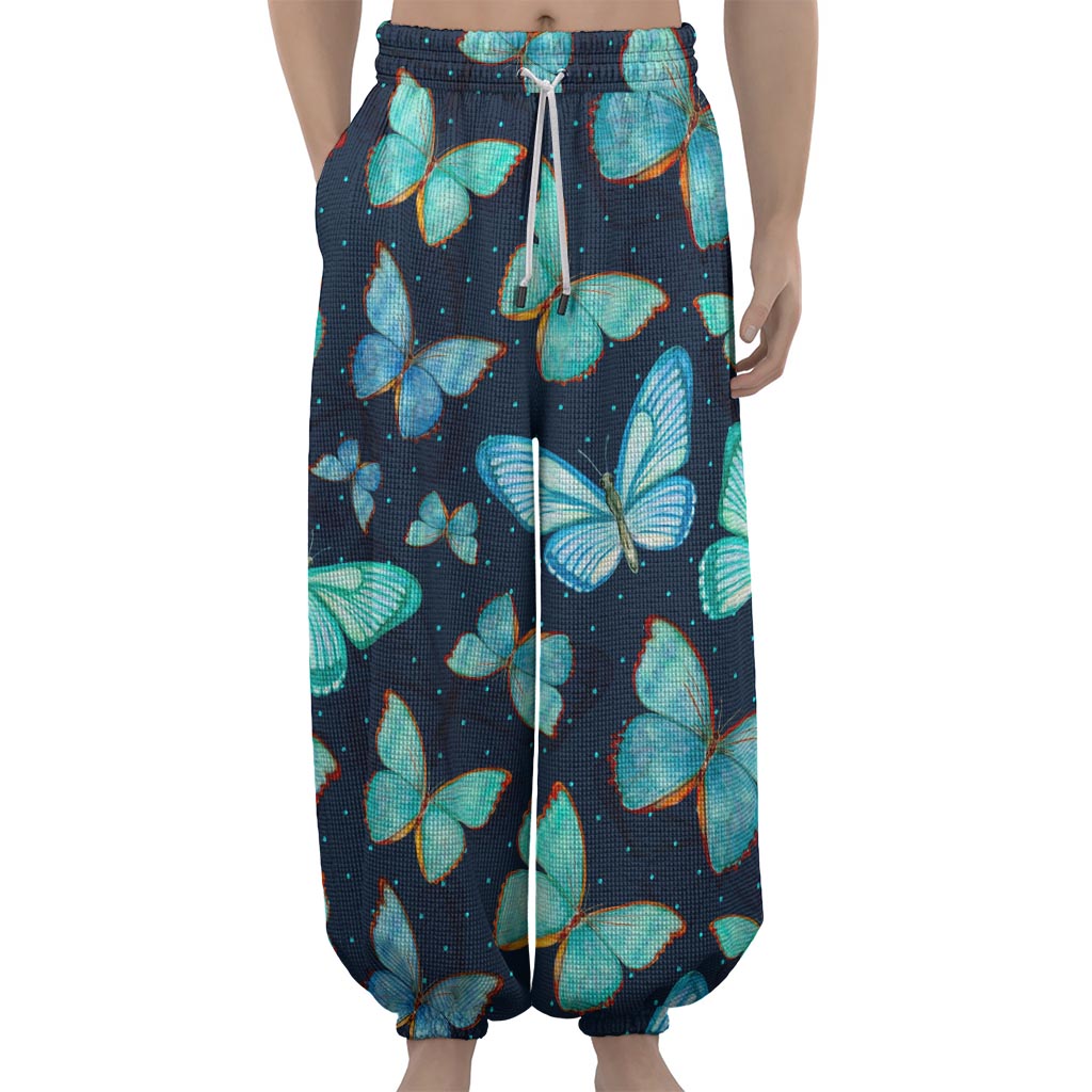 Watercolor Blue Butterfly Pattern Print Lantern Pants