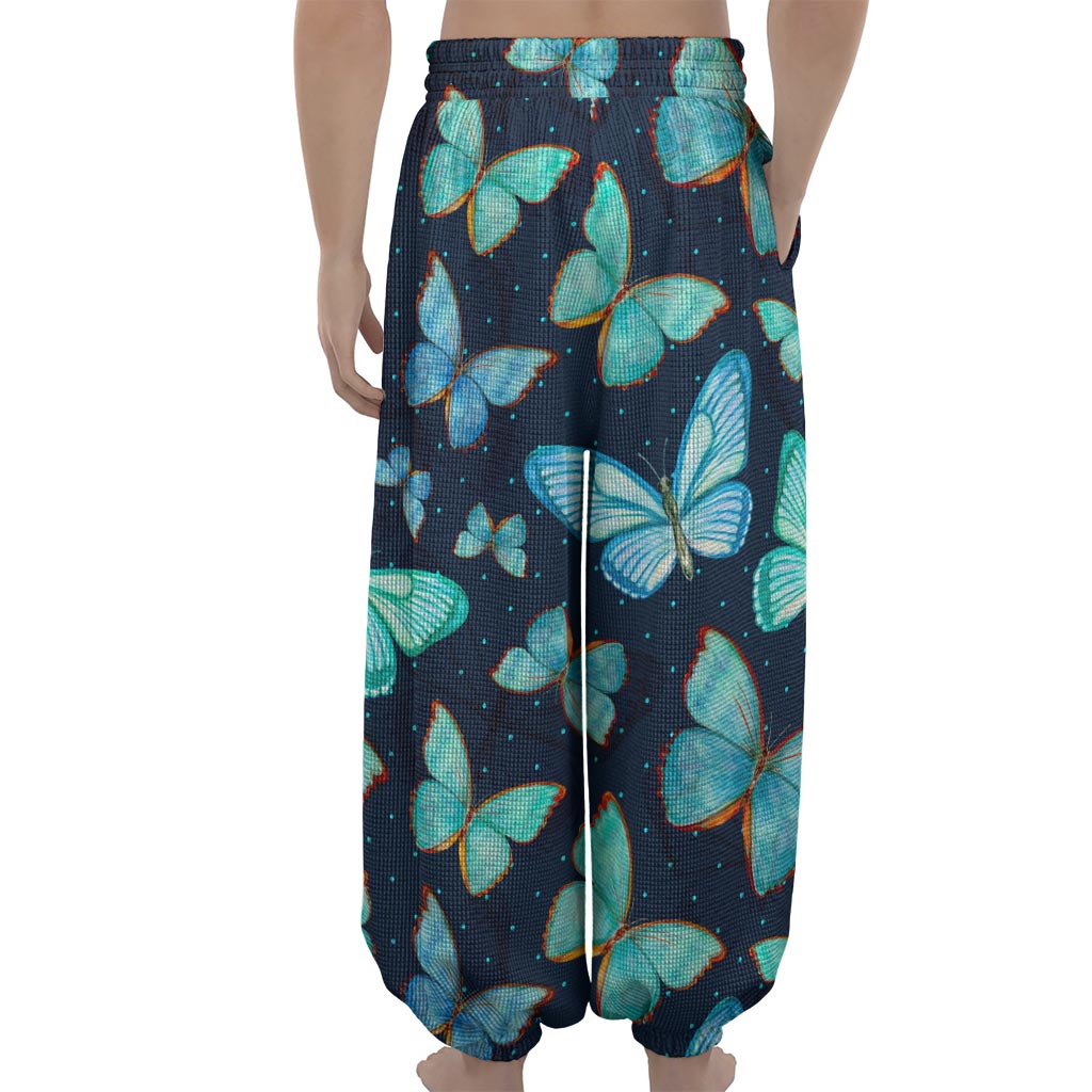 Watercolor Blue Butterfly Pattern Print Lantern Pants