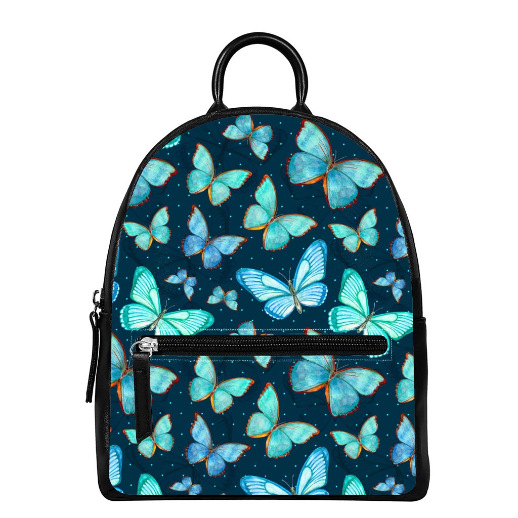 Watercolor Blue Butterfly Pattern Print Leather Backpack