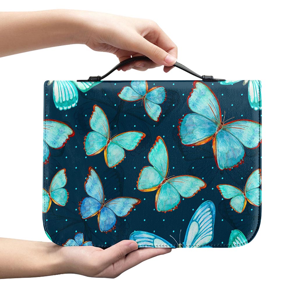 Watercolor Blue Butterfly Pattern Print Leather Bible Cover