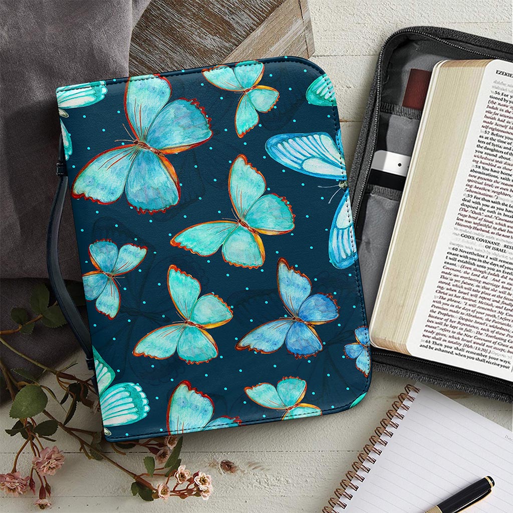 Watercolor Blue Butterfly Pattern Print Leather Bible Cover