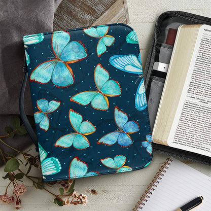 Watercolor Blue Butterfly Pattern Print Leather Bible Cover