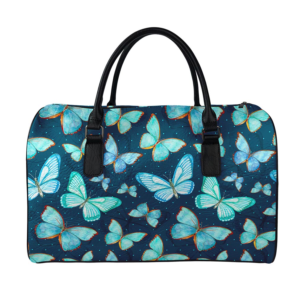 Watercolor Blue Butterfly Pattern Print Leather Duffle Bag