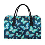 Watercolor Blue Butterfly Pattern Print Leather Duffle Bag