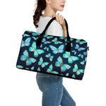 Watercolor Blue Butterfly Pattern Print Leather Duffle Bag