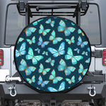 Watercolor Blue Butterfly Pattern Print Leather Spare Tire Cover