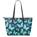 Watercolor Blue Butterfly Pattern Print Leather Tote Bag With Zipper