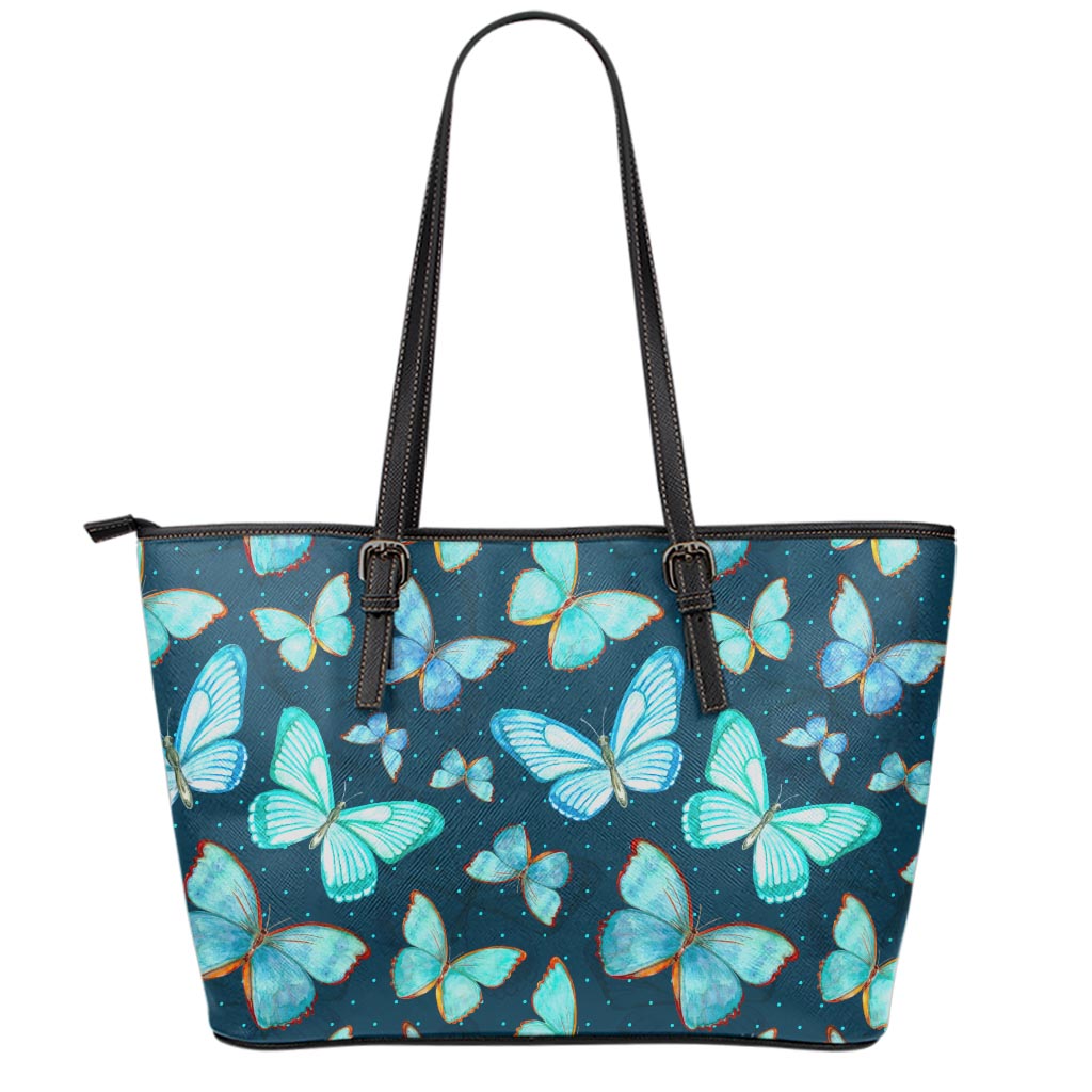 Watercolor Blue Butterfly Pattern Print Leather Tote Bag