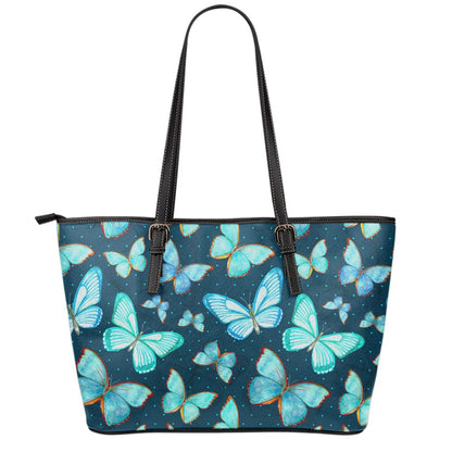 Watercolor Blue Butterfly Pattern Print Leather Tote Bag