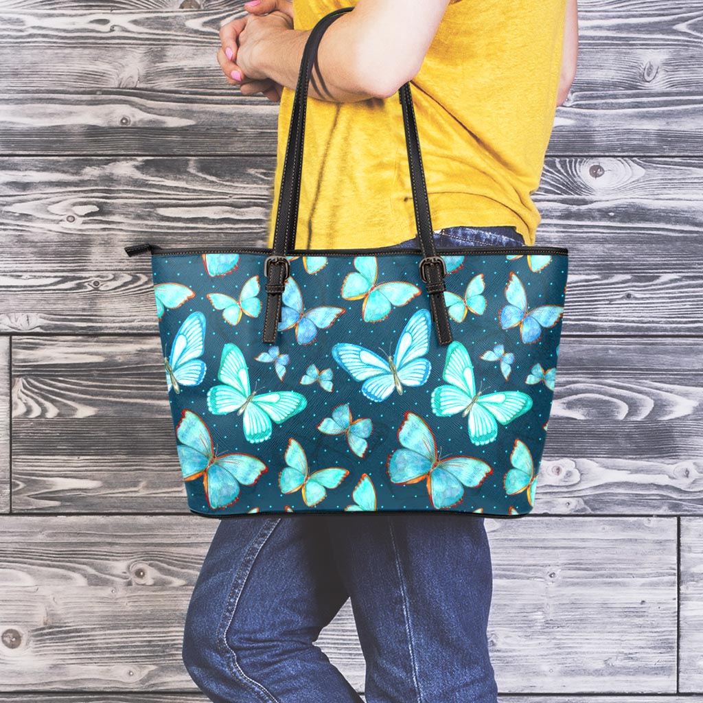 Watercolor Blue Butterfly Pattern Print Leather Tote Bag