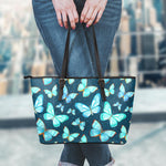 Watercolor Blue Butterfly Pattern Print Leather Tote Bag
