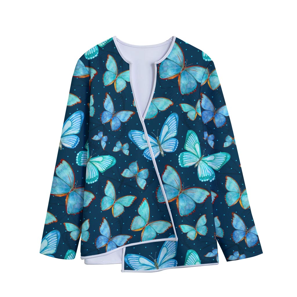 Watercolor Blue Butterfly Pattern Print Long Sleeve Short Coat