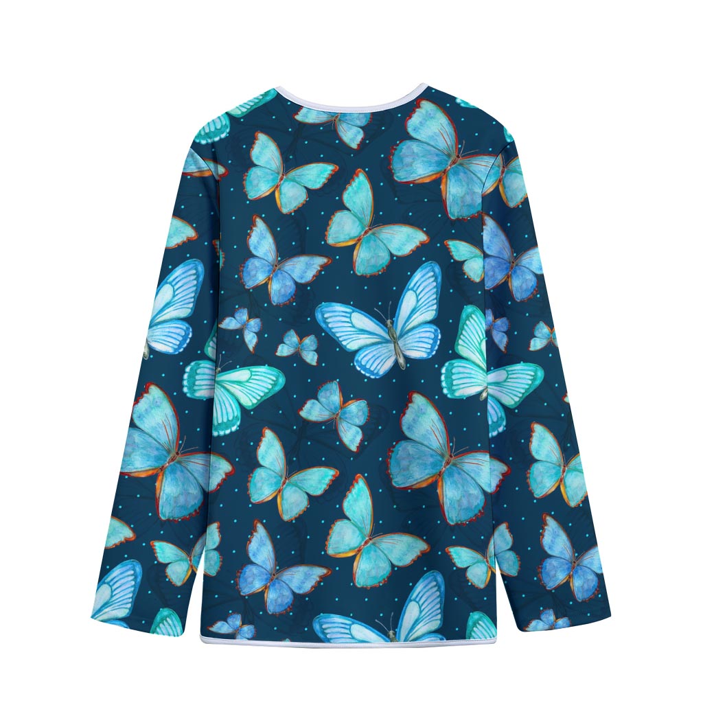 Watercolor Blue Butterfly Pattern Print Long Sleeve Short Coat