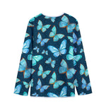 Watercolor Blue Butterfly Pattern Print Long Sleeve Short Coat