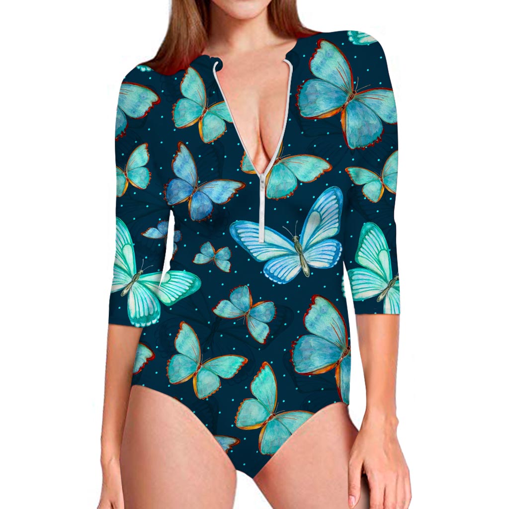 Watercolor Blue Butterfly Pattern Print Long Sleeve Swimsuit