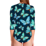 Watercolor Blue Butterfly Pattern Print Long Sleeve Swimsuit