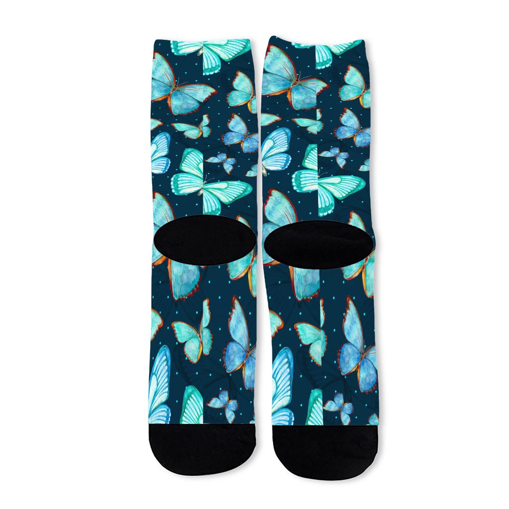 Watercolor Blue Butterfly Pattern Print Long Socks