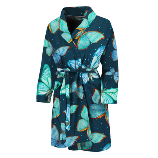 Watercolor Blue Butterfly Pattern Print Men's Bathrobe
