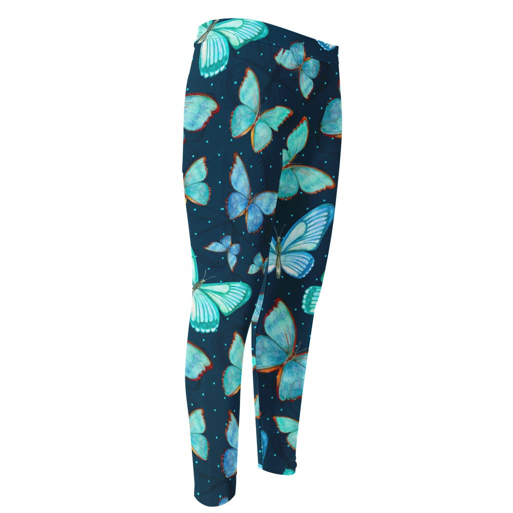 Watercolor Blue Butterfly Pattern Print Men's Compression Pants